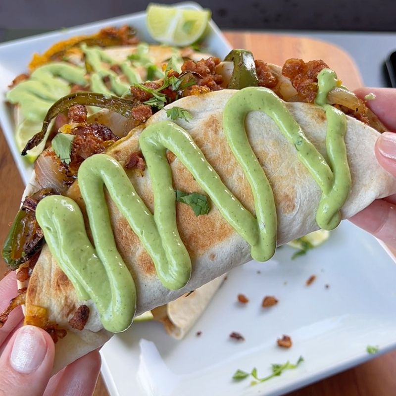 BEYOND BEEF TACOS WITH CILANTRO LIME SAUCE